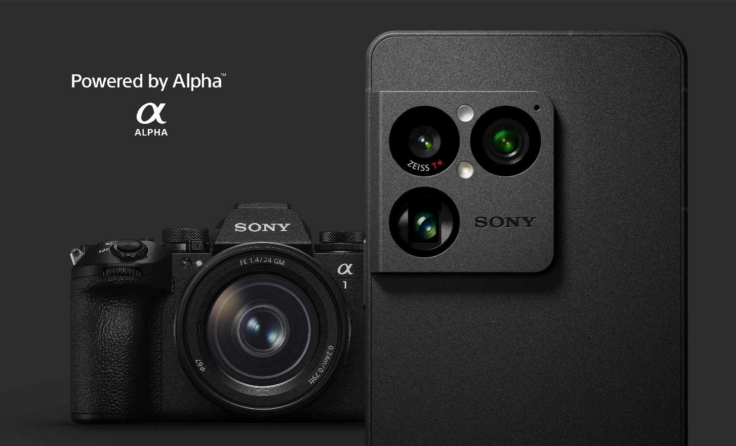 A black camera placed next to a black phone 