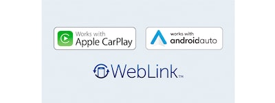 Images of Apple CarPlay, Android Auto and WebLink logos.